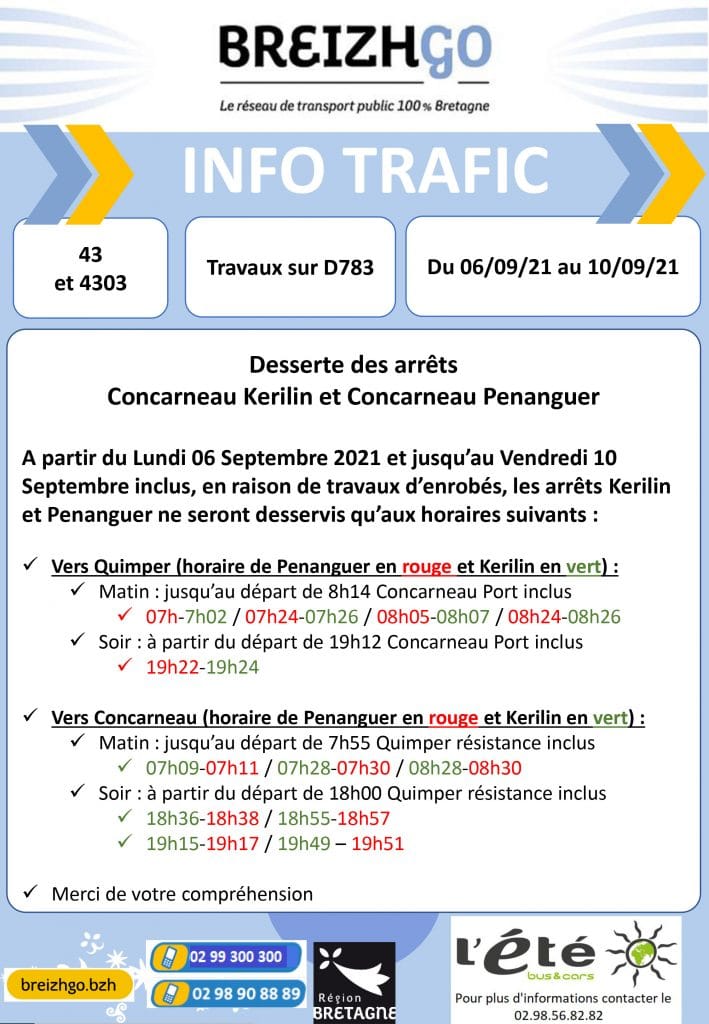 La mairie de Concarneau réalise des travaux d'enrobés sur la D783, du lundi 6 au 10 septembre. Par conséquent les arrêts "Kerilin" et "Penanguer" modifient leurs horaires. Merci de votre compréhension