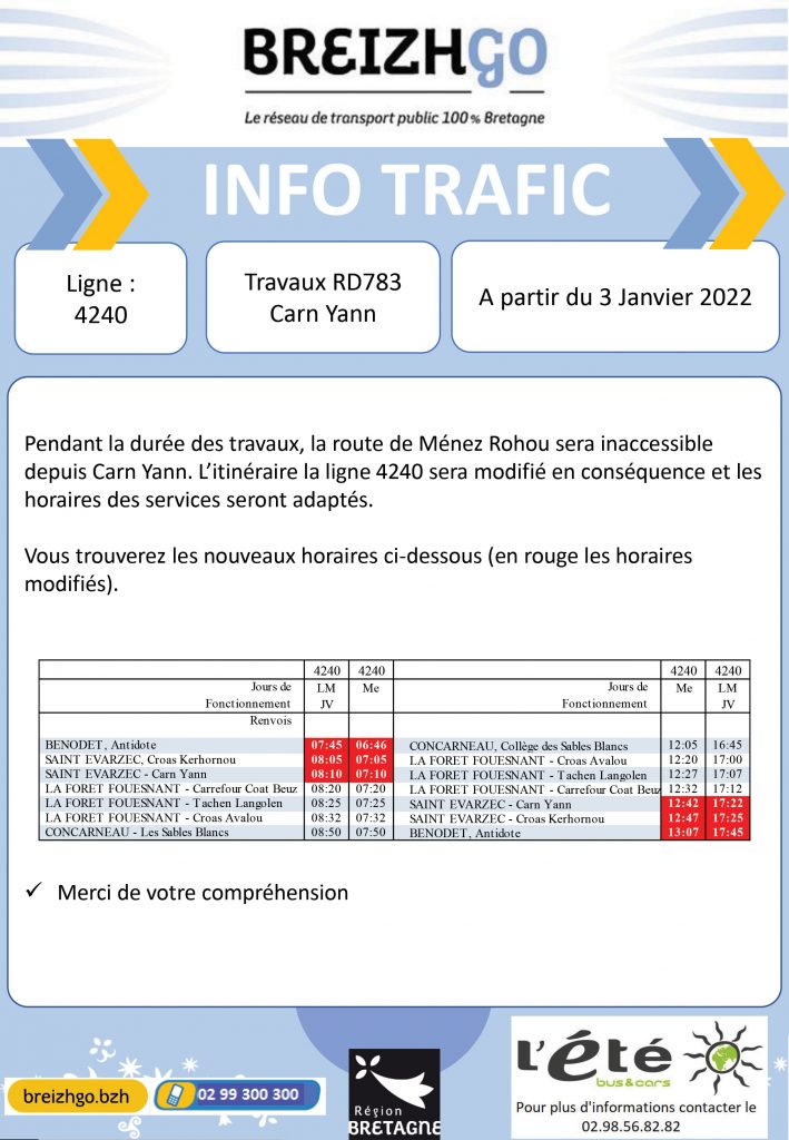 Breizhgo : L’itinéraire de la ligne 4240 sera modifié en raison de travaux à Saint-Evarzec au lieu dit Carn Yann à partir du 3 janvier 2022