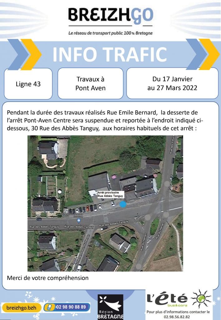 Ligne 43 modification du point d'arrêt Pont-Aven centre en raison de travaux.