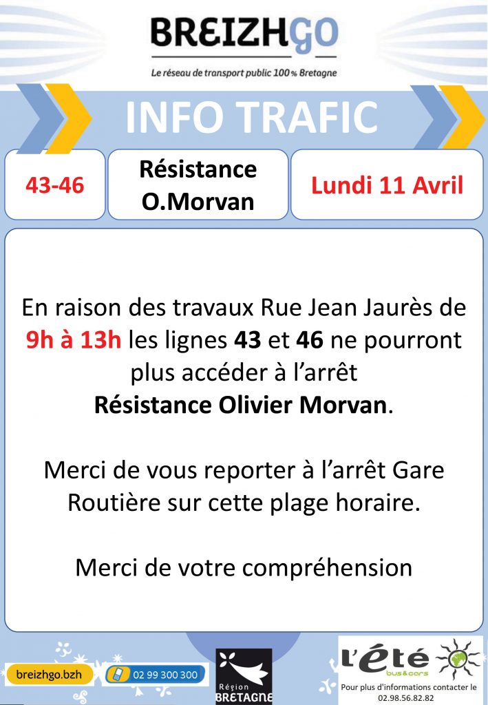 Travaux à Quimper, l'arrêt Résistance Olivier Morvan" ne sera pas desservi le lundi 11 avril de 9H00 à 13H00