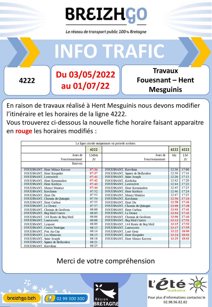 nous modifions l'itinéraire de la ligne Breizhgo 4222 en raison de travaux à Hent Mesguinis, Fouesnant. 
